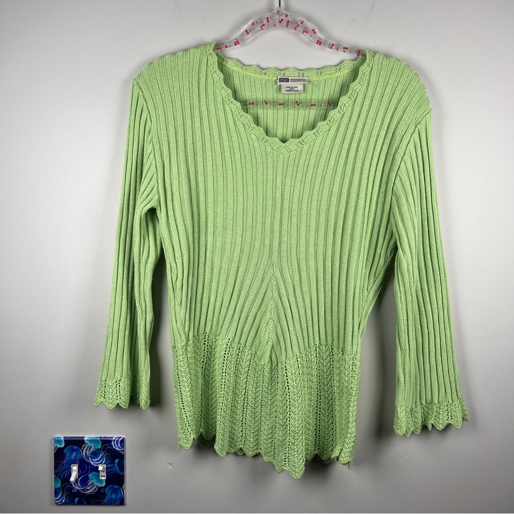 Vintage Faded Glory Y2K Green Knit Crochet Sweater Size Large Baby Doll 90s Fall